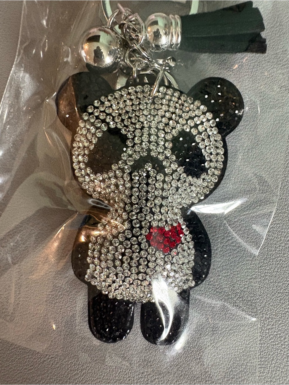 Black Crystal Panda Keychain with Red Heart Accent